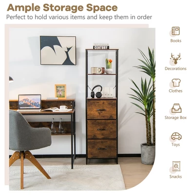 Costway Vertical 3 Drawer Dresser W/ 3 Shelves Tall Storage Tower Chest Freestanding 4 Costway Vertical 3 Drawer Dresser W/ 3 Shelves Tall Storage Tower Chest Freestanding - Image 4