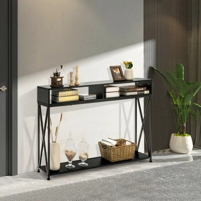 Costway Steel Frame Console Table With Open Shelf And Storage Compartments Black 3 Costway Steel Frame Console Table With Open Shelf And Storage Compartments Black - Image 3