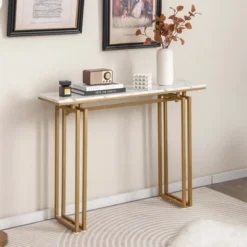 Costway 43.5'' Console Table Faux Marble Entryway Sofa Table With Metal Legs Living Room Black/Gold