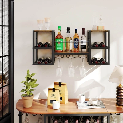 Costway 3-Tier Wall Mounted Wine Rack With Glass Holder Open Shelf Wine Storage Rack Brown 4 Costway 3-Tier Wall Mounted Wine Rack With Glass Holder Open Shelf Wine Storage Rack Brown - Image 4