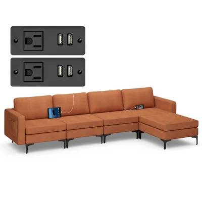 Costway Modular L-shaped Sectional Sofa W/ Reversible Chaise & 4 USB Ports OrangeDark Grey 10 Costway Modular L-shaped Sectional Sofa W/ Reversible Chaise & 4 USB Ports OrangeDark Grey - Image 10