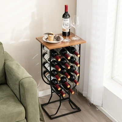 Costway 14 Bottles Wine Rack Console Table Freestanding Wine Storage With Woodtop & Wheels 1 Costway 14 Bottles Wine Rack Console Table Freestanding Wine Storage With Woodtop & Wheels