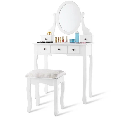 Costway Makeup Desk Vanity Dressing Table Oval Stool 5 Storage Drawers 2 Costway Makeup Desk Vanity Dressing Table Oval Stool 5 Storage Drawers - Image 2