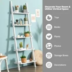 Costway Versatile White 5-Tier Bookshelf Leaning Wall Shelf Ladder Bookcase Storage Display Furni 11 Costway Versatile White 5-Tier Bookshelf Leaning Wall Shelf Ladder Bookcase Storage Display Furni -Costway GUEST b9b14e35 55b3 49ff 958e b59e707294fd