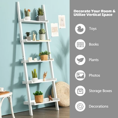 Costway Versatile White 5-Tier Bookshelf Leaning Wall Shelf Ladder Bookcase Storage Display Furni 3 Costway Versatile White 5-Tier Bookshelf Leaning Wall Shelf Ladder Bookcase Storage Display Furni - Image 3