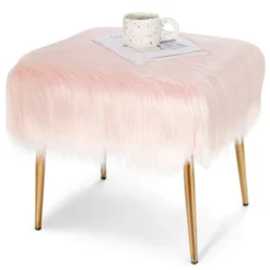Costway Faux Fur Vanity Stool Square Furry Ottoman W/ Golden Metal Legs -Costway GUEST ba20f184 0115 4293 a1b6 6788eed9d65a