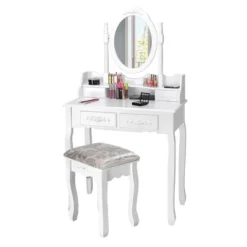 Costway Vanity Wood Makeup Dressing Table Stool Jewelry Desk 4 White -Costway GUEST bb5aad39 d9fc 41e5 bdd5 d493d550e673