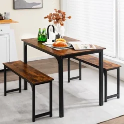 Costway Modern 3 PCS Dining Table Bench Set W/ Metal Frame & Wooden Tabletop -Costway GUEST bbdd3820 d260 49ec 9b06 d83ad2c46b79