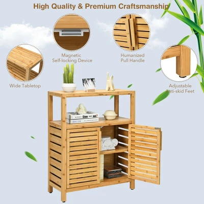 Costway Two-door Bamboo Bathroom Floor Cabinet Storage Organizer W/ Open Shelf 9 Costway Two-door Bamboo Bathroom Floor Cabinet Storage Organizer W/ Open Shelf - Image 9