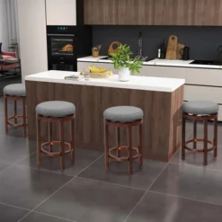 Costway Set Of 2 Upholstered Swivel Round Bar Stools 26'' Wooden Pub Kitchen Chairs Gray -Costway GUEST bc4866ad 6dc2 4548 91f5 f500796e69c1