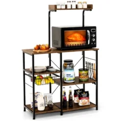 Costway 4-Tier Vintage Kitchen Baker's Rack Utility Microwave Stand W/ Basket & 5 Hooks -Costway GUEST bc717fd5 fe56 40e6 a3fd a227876a02f6