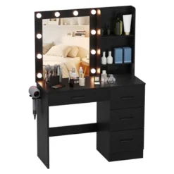 Costway Makeup Vanity Desk With Mirror And Lights Charging Station 3-Color LED Lights White/Black -Costway GUEST bcd8a8f6 80cb 4275 b041 b753110ee601