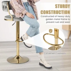 Costway Swivel Velvet Bar Stools Set Of 2 Upholstered Adjustable With Woven Backrest Grey/Beige/Yellow -Costway GUEST bd4ef638 6e32 4778 8dfc bb521237b28b