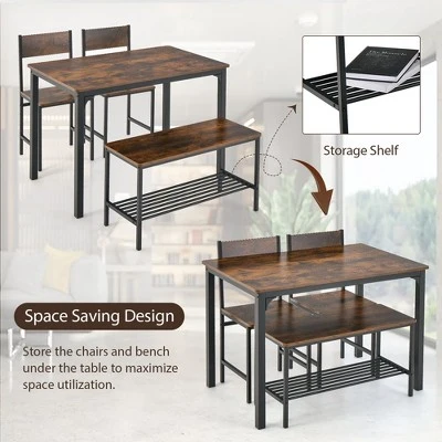 Costway 4pcs Dining Table Set Rustic Desk 2 Chairs & Bench With Storage Rack Brown/Grey/Coffee 4 Costway 4pcs Dining Table Set Rustic Desk 2 Chairs & Bench With Storage Rack Brown/Grey/Coffee - Image 4