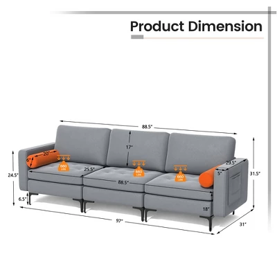 Costway Modern Modular 3-Seat Sofa Couch W/ Side Storage Pocket & Metal Leg Ash Grey 3 Costway Modern Modular 3-Seat Sofa Couch W/ Side Storage Pocket & Metal Leg Ash Grey - Image 3