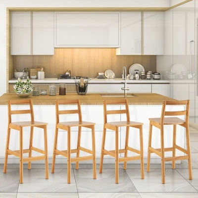 Costway Set Of 2 Solid Rubber Wood Bar Stools 28'' Dining Chairs With Backrests Natural 4 Costway Set Of 2 Solid Rubber Wood Bar Stools 28'' Dining Chairs With Backrests Natural - Image 4