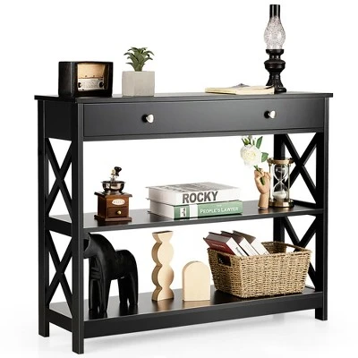 Costway 3-Tier Console Table X-Design Sofa Entryway Table With Drawer & Shelves Gray Espresso 9 Costway 3-Tier Console Table X-Design Sofa Entryway Table With Drawer & Shelves Gray Espresso - Image 9