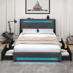 Costway Full/Queen Size Bed Frame With LED Lights & Charging Station Upholstered Platform Bed