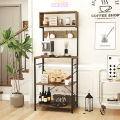 Costway Kitchen Bakers Rack 5-Tier Coffee Bar Station With Power Outlet Storage Hutch Open Shelves