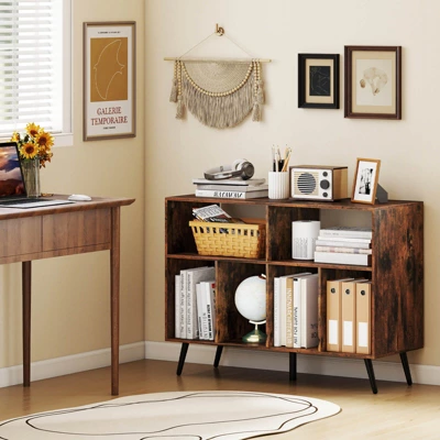 Costway Record Player Stand With Charging Station Open Shelves & Compartments Raised Legs Brown/White 1 Costway Record Player Stand With Charging Station Open Shelves & Compartments Raised Legs Brown/White