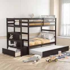 Costway Twin Over Twin Bunk Bed With Trundle Stairway And Storage Shelf Drawer WhiteEspressoGrey -Costway GUEST c20508e1 8050 4a5a b0e8 064e717345e3