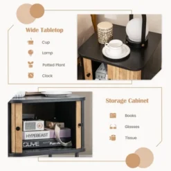 Costway Sliding Door Nightstand Mid-century Modern Storage End Table With Cabinet Black/Distressed White -Costway GUEST c30056bc 7d68 4dff 814b e1d01db986f9