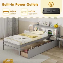 Costway Twin Size Bed Frame With LED Light & Power Outlet Bookcase Headboard Drawers White/Gray -Costway GUEST c47c3b47 1e11 4223 ab6d ac11103703e8