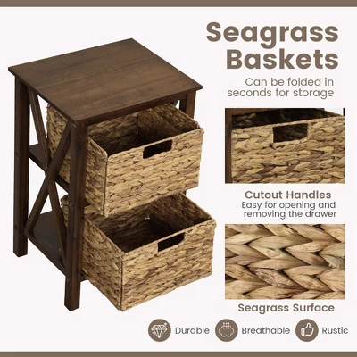 Costway 1/2 PCS 2-Tier Nightstand With 2 Seagrass Baskets Rubber Wood X-Shaped Frames 2 Drawers 7 Costway 1/2 PCS 2-Tier Nightstand With 2 Seagrass Baskets Rubber Wood X-Shaped Frames 2 Drawers - Image 7