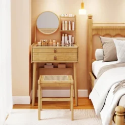 Costway 23.5" Compact Makeup Table Set With 2 Drawers Open Storage Shelves Vanity Stool 9 Costway 23.5" Compact Makeup Table Set With 2 Drawers Open Storage Shelves Vanity Stool -Costway GUEST c6c970bd b7a2 40b0 bb86 1fce2e5fd54b 1