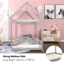 Costway Twin House Bed Wood Frame W/ Roof For Kids Toddler No Box Spring -Costway GUEST c6cefeb3 c5c6 4e35 9db4 8f564ba040ad