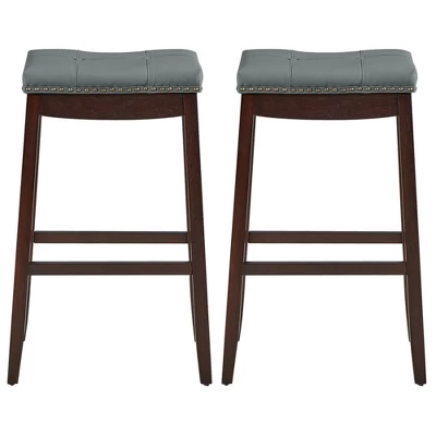 Costway Set Of 2 Nailhead Saddle Bar Stools 29'' Pub Chairs With Rubber Wood Legs Brown/White 4 Costway Set Of 2 Nailhead Saddle Bar Stools 29'' Pub Chairs With Rubber Wood Legs Brown/White - Image 4