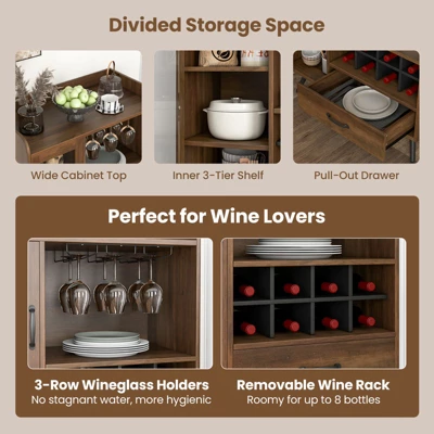 Costway Kitchen Storage Cabinet Sideboard With 3-Row Wineglass Holder Removable Rack Tempered Glass Door & Anti-Tipping Kits 5 Costway Kitchen Storage Cabinet Sideboard With 3-Row Wineglass Holder Removable Rack Tempered Glass Door & Anti-Tipping Kits - Image 5