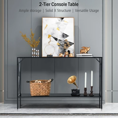 Costway 2 Tier Console Table Narrow Accent Side Entryway Table Metal Frame Black 4 Costway 2 Tier Console Table Narrow Accent Side Entryway Table Metal Frame Black - Image 4