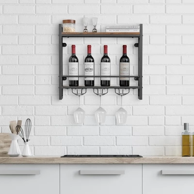 Costway Wall Mounted Wine Rack Industrial 2-Tier Wood Shelf With 3 Stem Glass Holders 2 Costway Wall Mounted Wine Rack Industrial 2-Tier Wood Shelf With 3 Stem Glass Holders - Image 2