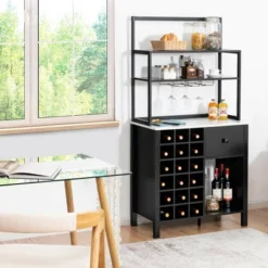 Costway Kitchen Islands Freestanding Wine Rack Table W/ Glass Holder & Drawer Black / Rustic -Costway GUEST cc074bc0 c643 4132 b599 4f815b9c9692