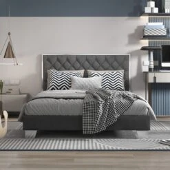 Costway Upholstered Bed Mattress Foundation With Button Tufted Velvet Headboard -Costway GUEST cd28ea05 7472 4b4b 9151 e128dd8b5e47