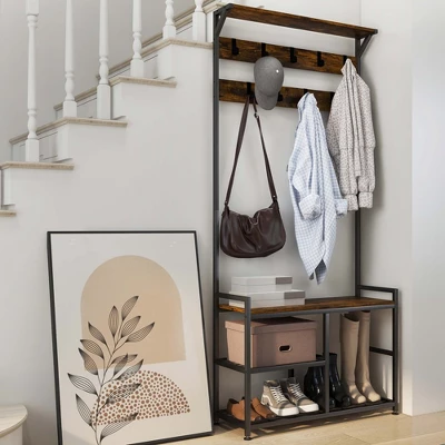 Costway 3-in-1 Coat Rack Industrial Hall Tree Shoe Bench Entryway Storage Shelf With Hooks 2 Costway 3-in-1 Coat Rack Industrial Hall Tree Shoe Bench Entryway Storage Shelf With Hooks - Image 2