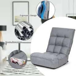 Costway 4-Position Floor Chair Folding Lazy Sofa W/Adjustable Backrest& Headrest Gray -Costway GUEST cdc1a7bd 93f4 47f1 92ff 58b83f2009aa
