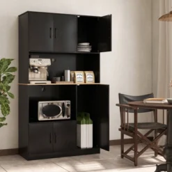 Costway 71" Tall Kitchen Pantry Cabinet With Charging Station Microwave Stand & Doors Black/White -Costway GUEST ce08a21a 0980 4719 a859 35fc43636e64
