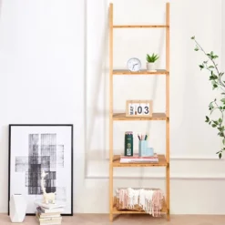 Costway 5-Tier Ladder Shelf Modern Bamboo Leaning Bookshelf Ladder Bookcase Open Display -Costway GUEST d129661c aa28 4035 b3df 129c9caa2369