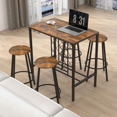 Costway 5PCS Bar Table & Stools Set Industrial Bistro Set With Wine Rack & Glass Holder 2 Costway 5PCS Bar Table & Stools Set Industrial Bistro Set With Wine Rack & Glass Holder - Image 2