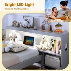 Costway Twin Size Bed Frame With LED Light & Power Outlet Bookcase Headboard Drawers White/Gray -Costway GUEST d294e734 b9a2 40a3 869e 2c49ddb1f2ca