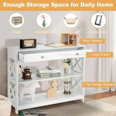 Costway 3-Tier Console Table X-Design Sofa Entryway Table With Drawer & Shelves Gray Espresso 4 Costway 3-Tier Console Table X-Design Sofa Entryway Table With Drawer & Shelves Gray Espresso - Image 4