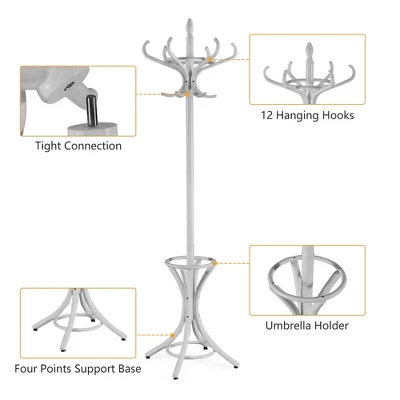 Costway Wood Standing Hat Coat Rack Jacket Bag Hanger Tree W/12 Hooks & Umbrella Stand 9 Costway Wood Standing Hat Coat Rack Jacket Bag Hanger Tree W/12 Hooks & Umbrella Stand - Image 9