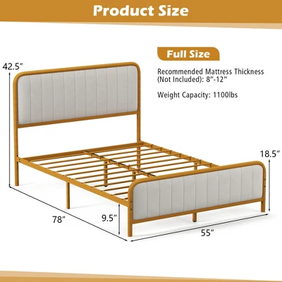 Costway Full Gold Metal Bed Frame Upholstered Platform Bed With Velvet Headboard 2 Costway Full Gold Metal Bed Frame Upholstered Platform Bed With Velvet Headboard - Image 2