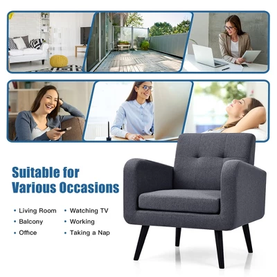 Costway Mid Century Accent Chair Fabric Arm Chair Single Sofa W/Rubber Wood Legs BlueGrey 3 Costway Mid Century Accent Chair Fabric Arm Chair Single Sofa W/Rubber Wood Legs BlueGrey - Image 3