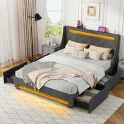 Costway Full/Queen Size Bed Frame With LED Lights & Charging Station Upholstered Platform Bed -Costway GUEST d5e9f536 bef5 4de2 bc8c 4a896a5a565a