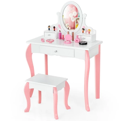 Costway Kids Vanity Princess Makeup Dressing Table Stool Set W/ Mirror Drawer 10 Costway Kids Vanity Princess Makeup Dressing Table Stool Set W/ Mirror Drawer - Image 10