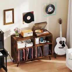 Costway Record Player Stand With Charging Station Open Shelves & Compartments Raised Legs Brown/White 12 Costway Record Player Stand With Charging Station Open Shelves & Compartments Raised Legs Brown/White -Costway GUEST d612b426 7662 4463 a91c ceb98eb46dba