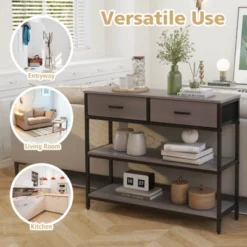 Costway Console Entryway Table Sofa Side Table With Folding Fabric Drawers For Living Room Gray/Rustic Brown -Costway GUEST d73998ff a251 478a 9186 02bc643c89a1